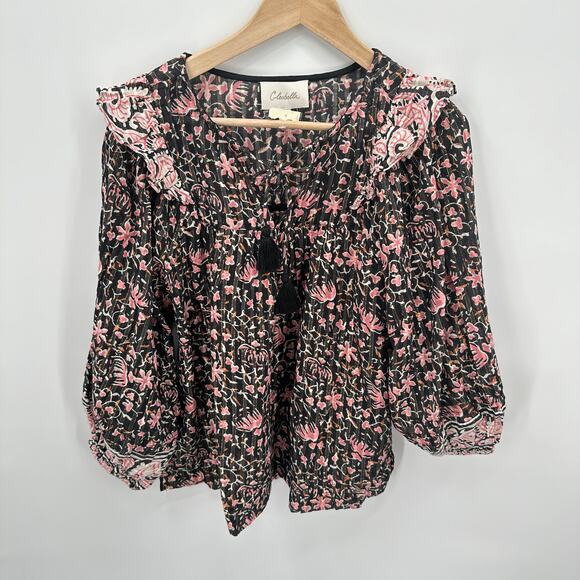 CLEOBELLA NWT Evereve Brynlee Black Pink Org Cotton Metallic Print Blouse // M - Picture 4 of 16